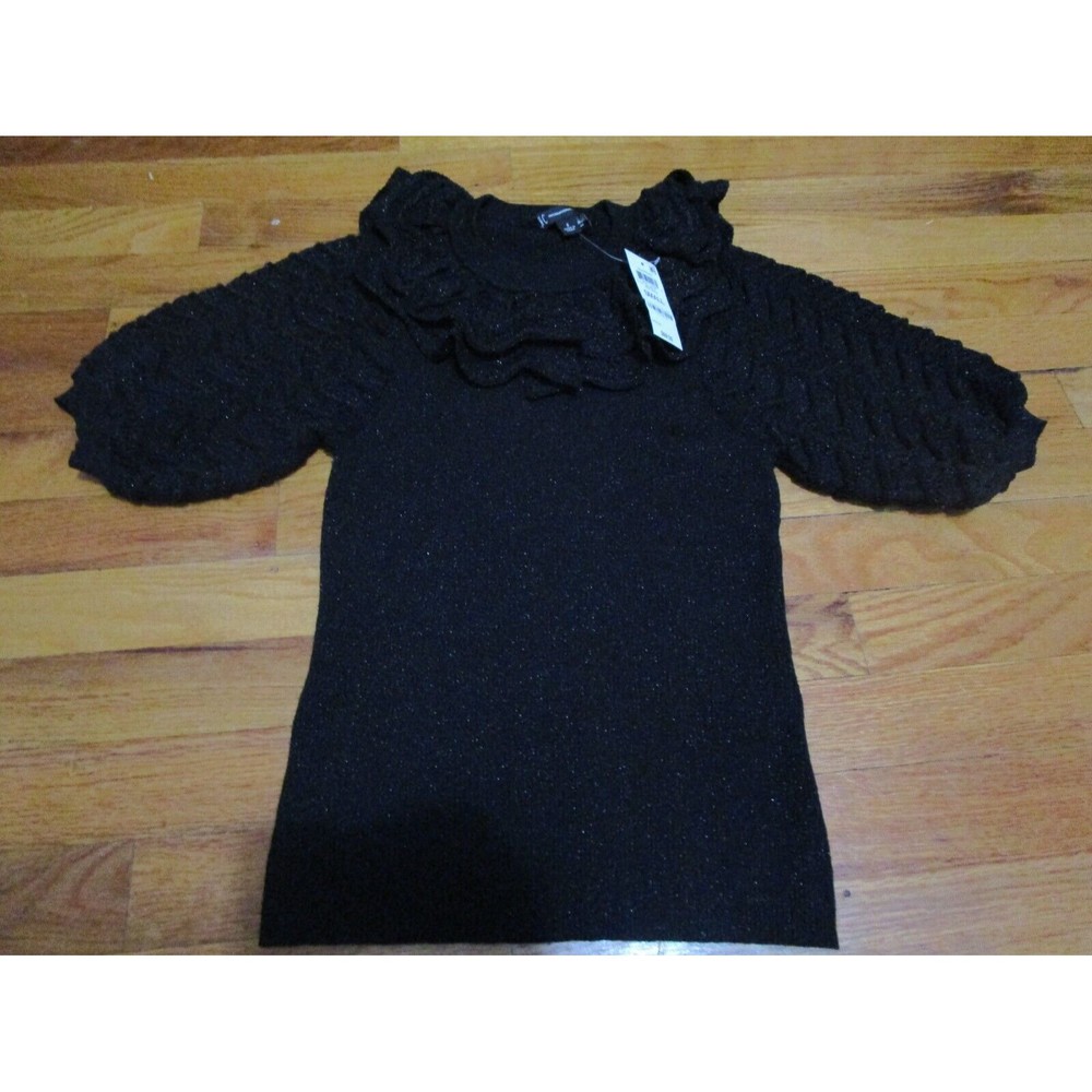 NWT INC International Concepts HOLIDAY Sz S Black Puffed Sleeve Bib-Neck Sweater